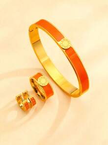 1 Set/4pcs New Fashion Roman Numeral Bangle Bracelet, Stainless Steel Resin Bracelet, Ring, Earrings, Gold Jewelry, Best Gift For Relatives And Friends - Orange Color - View 11