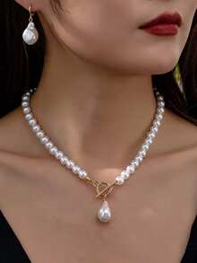 1 Set Faux Pearl Necklace, Choker, Asymmetrical Pearl Earrings, Elegant & Versatile Jewelry Set