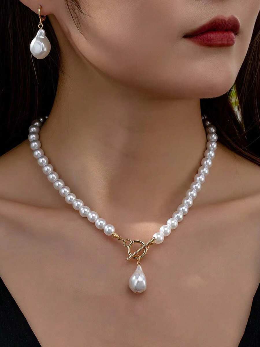 1 Set Faux Pearl Necklace, Choker, Asymmetrical Pearl Earrings, Elegant & Versatile Jewelry Set