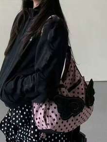 Back To School Polka Dot Wing Design Large Capacity Commuter Tote Bag, Korean Fashion Versatile Shoulder/Crossbody Bag, Daily Backpack , Polka Dot - Pink - View 4