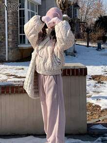 Y6Y Ditsy Floral Beige Padded Coat, Women's Winter 2025 New Petite High-Quality Stylish Outerwear - Beige - View 3