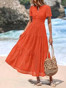 Women's Spring And Summer Maxi Dress Short Sleeve V Neck Hollow Out Eyelet A Line Long Flowy Wedding Guest Beach Vacation Dresses For Women - 橘色 - 查看 1