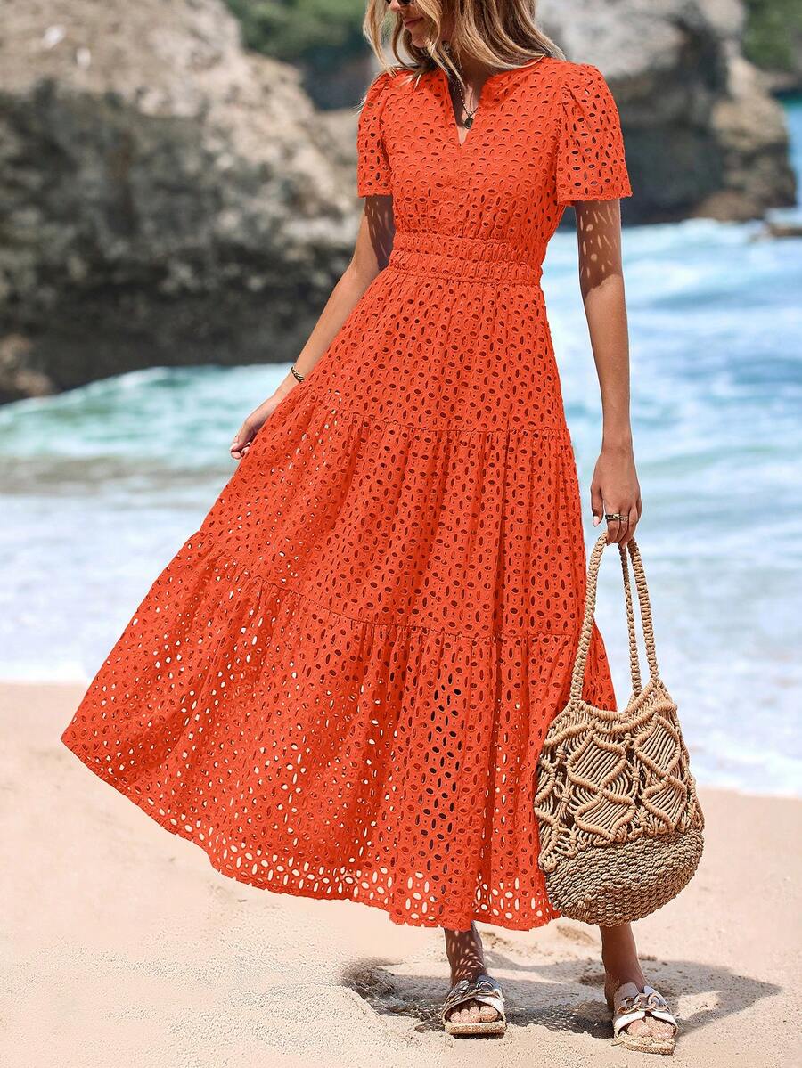 Women's Spring And Summer Maxi Dress Short Sleeve V Neck Hollow Out Eyelet A Line Long Flowy Wedding Guest Beach Vacation Dresses For Women - 橘色 - 查看 1