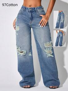 Low Waist Wide Leg Casual Blue Ripped Slanted Pocket Curved Women'S Jeans