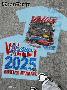 Y2K,Printed With Patterns Of A Vintage - Style Auto Repair Shop, Along With The Words 'Dreams Valley',Fashionable Cotton Men's T-Shirt, , Surprise Gift For Friends And Family, Drop Shoulder Sleeves Round Neck - 淺藍色 - 查看 1