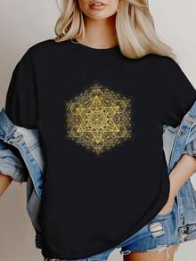 180g pure Cotton Sacred Geometry | Metatron&amp;#39;s Cube Transcendence Gold | Intricate Geometric Shirt | Psychedelic Wearable Art | Unisex T-shirt T-Shirt For Women Casual Soft designer clothes Comfortable Print Round Neck Short Sleeve Women Top Graphic Tees women - Negro - Ver 1
