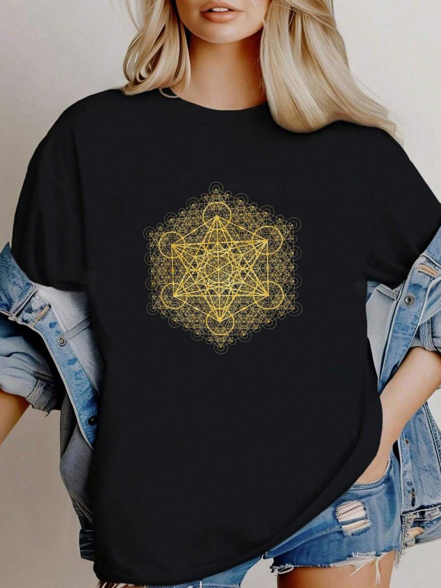 180g pure Cotton Sacred Geometry | Metatron's Cube Transcendence Gold | Intricate Geometric Shirt | Psychedelic Wearable Art | Unisex T-shirt T-Shirt For Women Casual Soft designer clothes Comfortable Print Round Neck Short Sleeve Women Top Graphic Tees women - Negro - Ver 1
