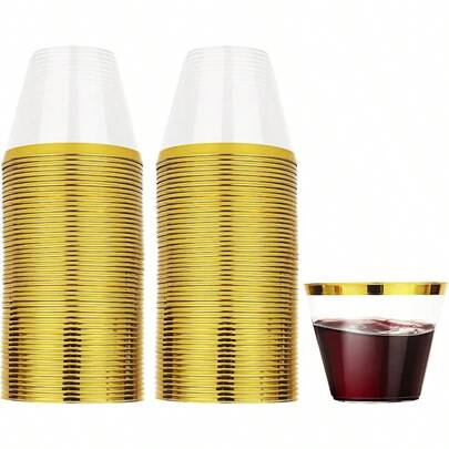 100PCS Gold Rimmed Plastic Cups, 270ML Drink Tumblers, Stackable Drink Cups Wedding, Events, Cocktail And Parties