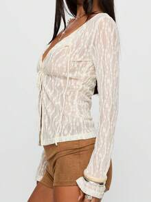 Women's Y2k Tie Front Shirt Tops Flounce Sleeve Round Neck Lace Floral Print Mesh Ribbed Tops See Through Long Sleeve Open Front Slim Fit Blouse Aesthetic  Going Out Top - 白色 - 查看 4