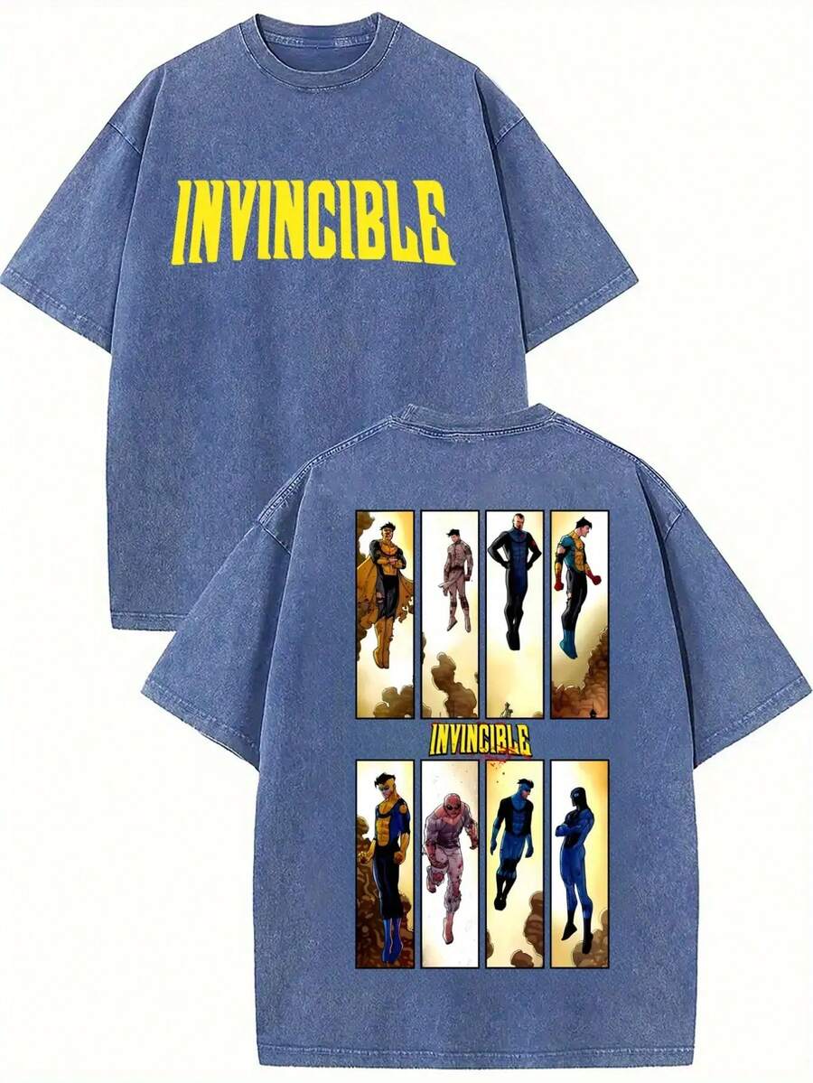 Men's Invincible Comics Graphic T-Shirt - Casual Short-Sleeve Superhero Fan Top With "INVINCIBLE" Print, Desert Vibes Design, Machine Washable, Perfect For Cosplay & Casual Attire, Everyday Tshirt| Regular Fit Shirt| Easycare Fabric, Comic Book - 寶藍色 - 查看 1