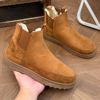 Men's Solid Color Basic Preppy Style TPR Sole Faux Fur Snow Boots, Slip-On Elastic Ankle Boots, Camel