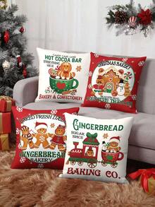 4pcs/1pc Christmas Gingerbread Pillow Covers - Holiday Baking And Candy Design, Festive Cushion Covers, 18x18 Inch For Living Room, Room Decoration, Sofa And Bedroom (Filling Not Included) Great For Christmas Decorations, Christmas Party, Home Decor - Multicolor - View 2
