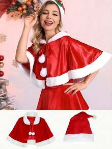 2 件成人红色披肩 + 帽子节日装扮道具角色扮演派对服装 - 紅色 - 查看 1