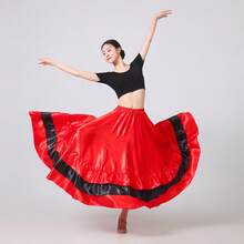 1件红色黑色全圆摆长裙 女士肚皮舞飘逸波西米亚风长裙 缎面轻盈夏季沙滩派对大下摆裙 优雅A字摆裙 - 紅色 - 查看 9