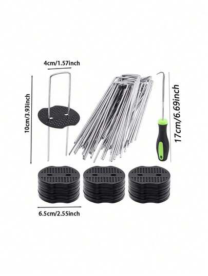 50/100pcs Garden Nails + Washers + 1pc Bent Hook Set - Lawn Landscape Spikes/Galvanized U-Shaped Ground Nails/Heavy Duty Garden Anchors, Suitable For Barrier Fixing/Lawn Decor/Yard Construction