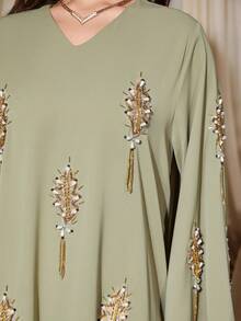 女士V领长袖串珠优雅宽松睡袍 - 綠色 - 查看 7