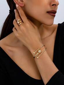 1 Set Geometric Hollow Open Bangle And Open Ring, Vintage Elegant Style Bracelet And Ring Set For Women