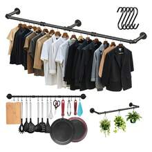 MEFENY 1 pieza de estante de exhibición de pared de armario de hierro negro de 185 cm montado en la pared con varilla de suspensión de ropa,Perchero Industrial de Pared,tubos Para Colgar Ropa lavanderia ,Estante de Ropa, Barra Multiusos de Ropa Desmontable, Ahorrar Espacio, Adecuado para Balcones, Recibidores, Baños, Dormitorios Estante de Metal Negro para Dormitorio, Lavandería y Tienda de Ropa de tubería industrial resistente para uso multifuncional en tiendas de ropa - Negro - Ver 3