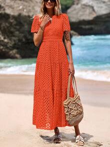 Women's Spring And Summer Maxi Dress Short Sleeve V Neck Hollow Out Eyelet A Line Long Flowy Wedding Guest Beach Vacation Dresses For Women - 橘色 - 查看 3