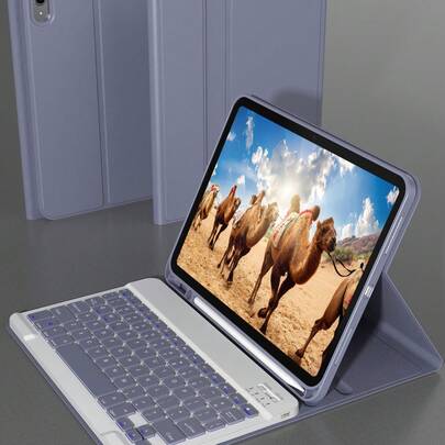 适用于 iPad 的无线键盘保护套，可拆卸皮革保护套带笔槽，支持自动休眠/唤醒功能，内置 150mAh 无线蓝牙键盘，纤薄轻巧支架式保护套 - 浅灰色/紫色