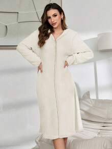 Váy ngủ lót nhiệt ấm áp dành cho nữ - Váy ngủ ấm áp, tay dài, cài nút có mũ trùm đầu, hoàn hảo cho trang phục thư giãn tại nhà vào mùa thu/đông | Áo ngủ có mũ trùm đầu | Chất liệu mềm mại - Nhiều màu - Xem 3