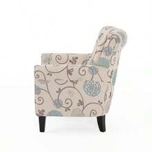 Modern Dark Gray Fabric Reading Chair, Floral Club Chair, Lazy Chair With 1.5 Times Sponge Filling And Side Pockets, Adult Sofa Chair, Suitable For Living Room, Bedroom, Baby Room, RV, Brown Retro White And Blue