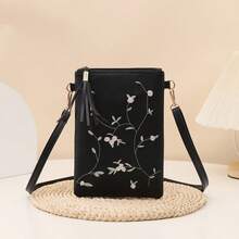 1 pezzo Set di borsa a tracolla e portafoglio da donna, nuova borsa a spalla da donna in pelle PU con decorazione ricamata a foglie e fiori, stile minimalista casual da college, pochette telefonica con nappine, leggera busta, portafoglio e borsa da donna, borsa a tracolla, regalo per lei, portafoglio mini, borsa rosa, regalo