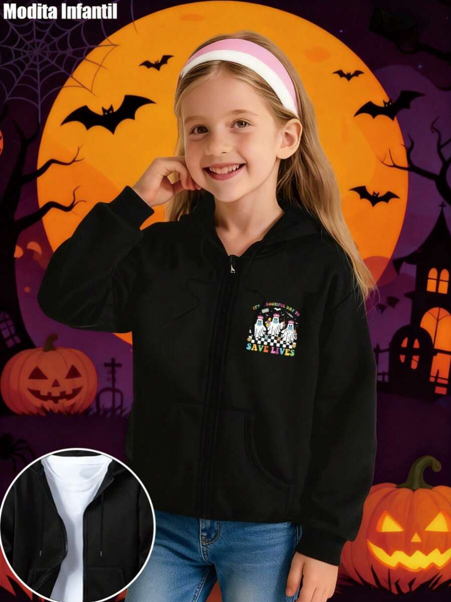 KID005/Chaqueta con capucha para niñosChaleco de capucha infantil con diseños festivos para Halloween, con bolsillo y cremallera, perfecto para los chicos y chicas durante las celebraciones del mes de octubre - Negro - Ver 1