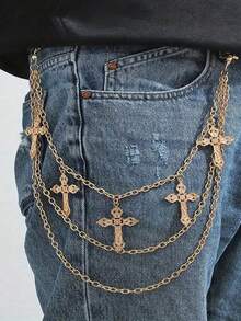 1 Piece Of Fashionable Cross Stainless Steel Trouser Chain Suitable For Men's Daily Casual Party Rock Clothing Matching - 金色 - 查看 3