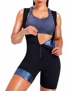 1pc Plus Size Women's Sauna Suit Sweat Vest Waist Trainer 3-In-1 Slimming Full Body Shaper Top With Shorts