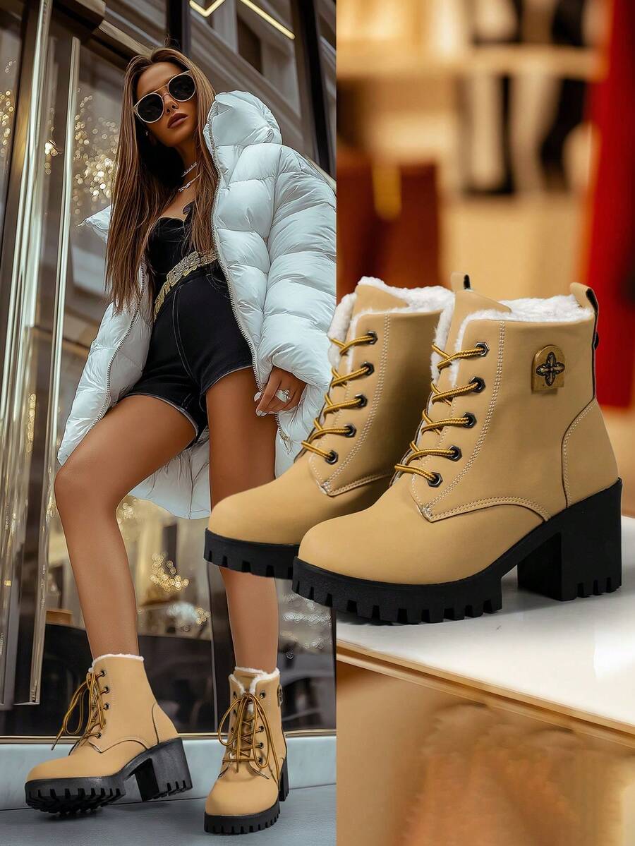 2024新款时尚中跟防水靴轻便韩版保暖内衬适合秋冬