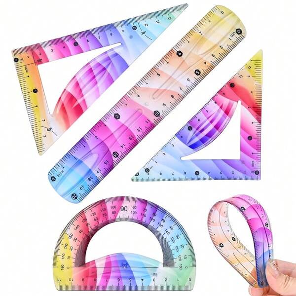 4Pack Flexible Rulers Set, Colorful Geometry Kit, Plastic Bendable Shatterproof Soft Rulers, Clear Ruler 20 Cm/ 8 Inch, Triangle Rulers And Protractor For Back To School Supplies (8 Inch){"Size_name":"8Inch"}
