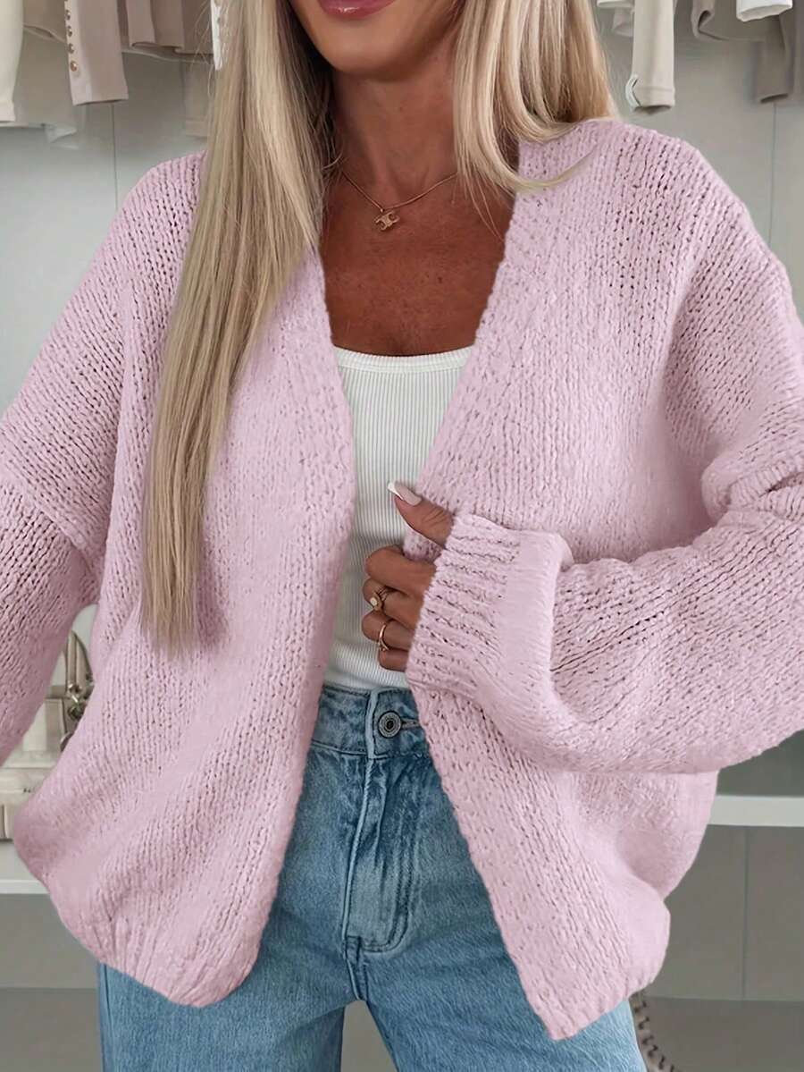 Áo len cardigan dáng rộng phía trước thường ngày cho nữ, áo len cardigan dệt kim ngắn tay dài màu trơn, thiết kế họa tiết gân, áo len dệt kim mềm mại thanh lịch, độ co giãn thấp, ấm áp và thoải mái khi mặc ngoài trời và trong nhà - Hồng - Xem 1