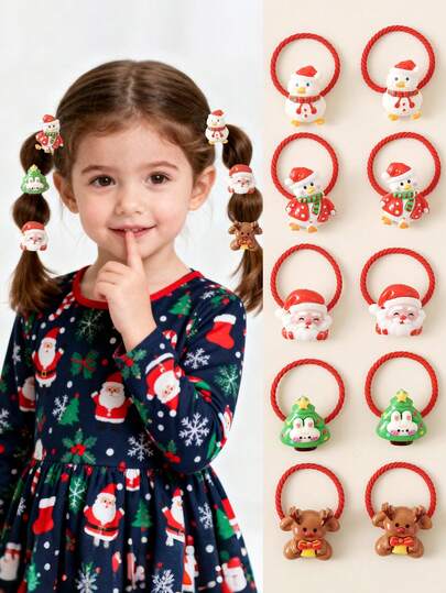 Set de 10 accesorios navideños para el cabello de niñas, incluyendo scrunchies, sujetadores de coleta, ligas para el cabello y decoraciones para el cabello con diseños de dibujos animados lindos para Navidad