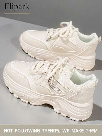 Flipark 1 双时尚运动厚底女式厚底运动鞋，前系带纯色拼接皮革轻便低帮休闲运动鞋
