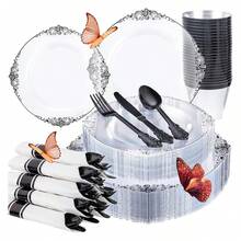 Clear Black Plastic Plates - 175pc Disposable Dinnerware Set For 25 Guests - As Picture/G - View 8