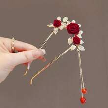 1pc Bridal Headpiece Tassel Flower U-Shaped Hair Clip, Chinese Style Cheongsam Hair Accessory, Bun Extension, Pins For Hair