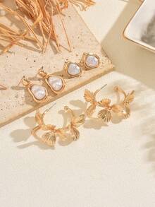 3 对巴洛克仿珍珠吊坠耳环和花形耳环套装，优雅女士派对首饰套装 - 彩色 - 查看 5