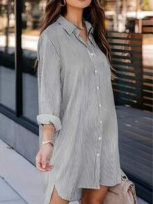 Plus Size Women Front Button Long Sleeve Striped Blouse, Casual Daily Wear - Striped Front Button Front Short Back Long Pocket Homewear Daily