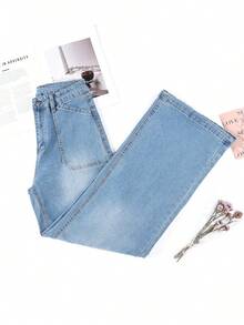 HIMARRI Lindos jeans largos de mezclilla de cintura alta y pierna ancha para mujer, estilo casual con bolsillos funcionales y alta elasticidad cómoda. - Azul - Ver 1