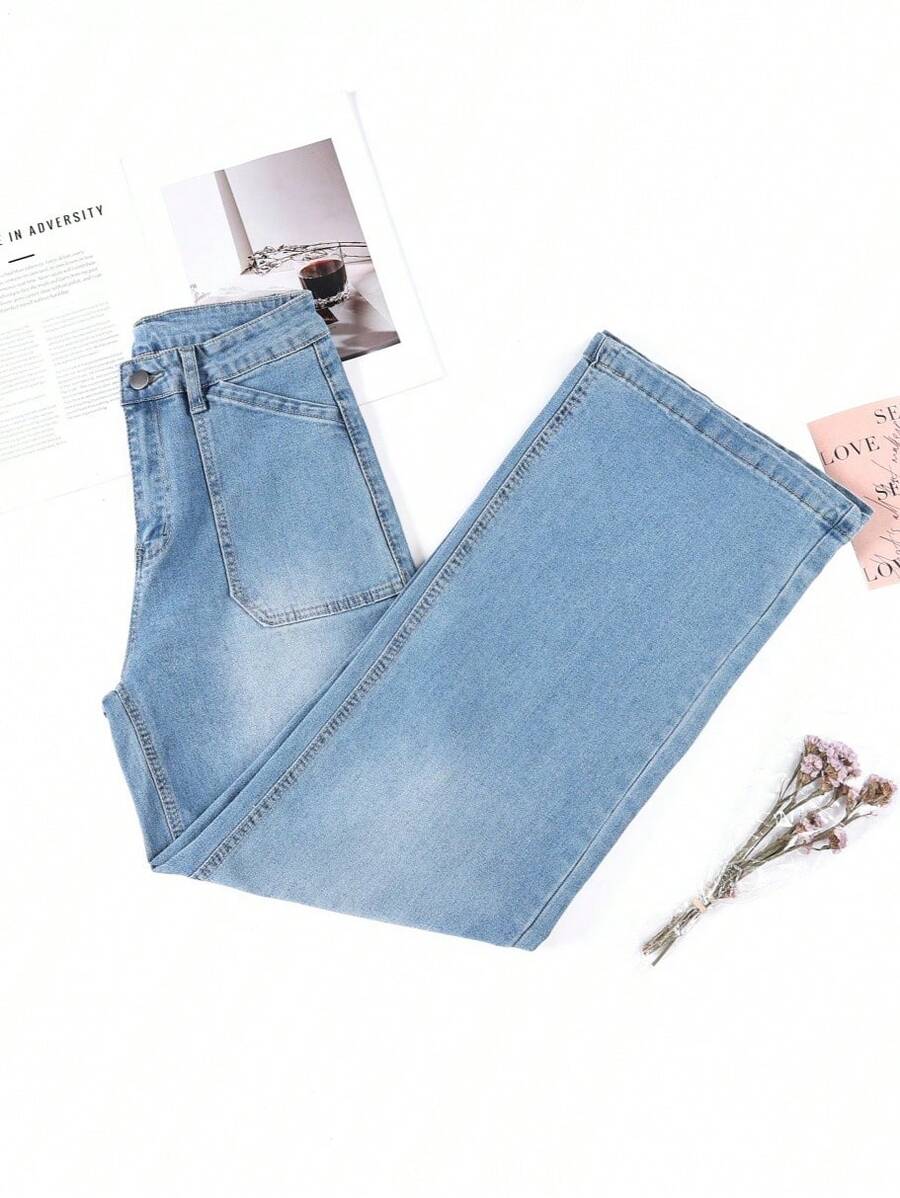 HIMARRI Lindos jeans largos de mezclilla de cintura alta y pierna ancha para mujer, estilo casual con bolsillos funcionales y alta elasticidad cómoda. - Azul - Ver 1