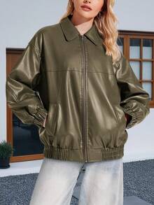 Womens Fall Winter Oversized Faux Leather Bomber Jacket Zip Up Casual Outerwear Christmas Gift & New Year Gift - xanh quân đội - Xem 1