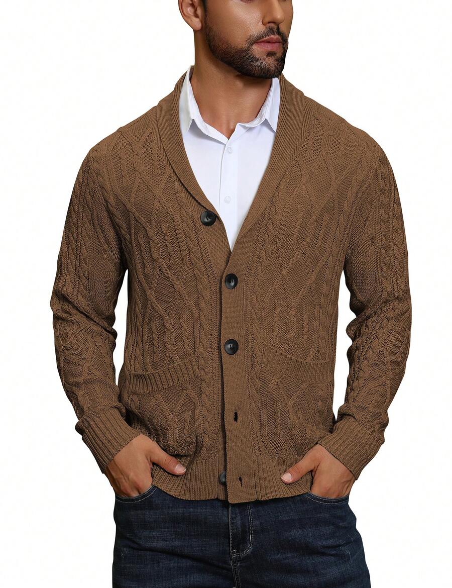 URRU Mens Shawl Collar Cardigan Sweater Casual Slim Fit Button Down Cable Long Sleeve Knitted Sweater With Pockets - 棕色 - 查看 1