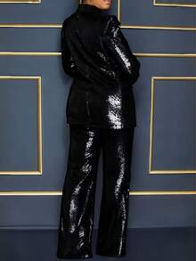 Valentine's Day, Date Night Outfit, Gifts For Her Magic Mia Women's Sequined Blazer & Pants Set - Sparkly One-Button Two-Piece Suit | Wedding Tuxedo Style For Prom, Holiday Parties, NYE, Club Events & Business Functions - Black - View 3