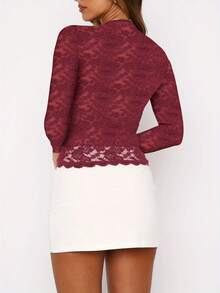 Women's Lace Floral Tops Fashionable Solid Color Slim Fit Scoop Neck Long Sleeve Crop Blouse - 紅色 - 查看 3