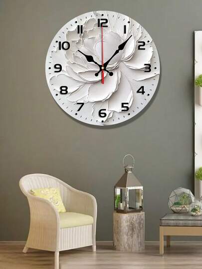 1pc Elegante 10/12inch Silent Wand Klok Abstract Grijs Bloemen Wood Veneer, Round Flat Battery Operated (AA Not Included) Ideal Home Bedrooms, Halls No Ticking, Easy To Read Numbers