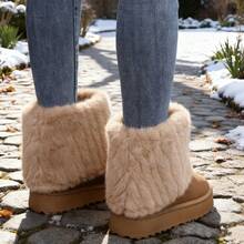 Botas de inverno femininas de cano alto, forro térmico, pele sintética, pelúcia curta, sola grossa e plana, calçado quente e acolchoado. - Camelo - Ver 8