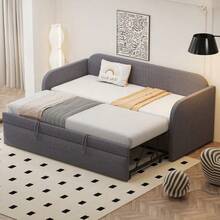 Pull-Out Sofa Bed 90-180x190cm: Multifunctional Upholstered Bed With Vertical Striped Design And Slatted Frame, Grey Linen Fabric (Mattress Not Included) - Grey + Upholstered + 90cm*190cm-2 - View 12