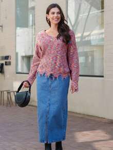 Suéter básico de mujer de estilo bohemio, de manga larga, cuello en V, de punto, de longitud regular, de poliéster y de colores múltiples - Multicolor - Ver 3