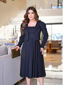 Midi Flared Dress + Blazer Set Elegant Executive Evangelical Fashion - màu đen - Xem 5